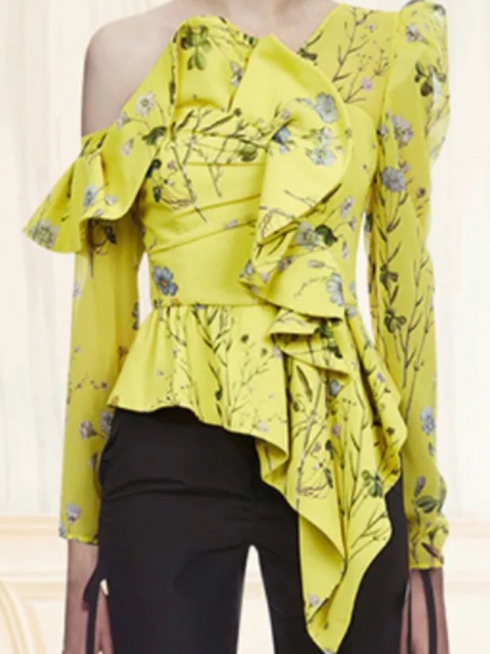 Self-Portrait Yellow Floral One-Shoulder Ruffle Peplum Blouse size US 2 / UK 6